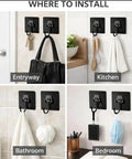 Image showing Heavy Duty Wall Hanger Hooks No Drill Setup Durable Black Interior Storage Mounts For Coats Hats Bags And Toolboxes in various home settings.