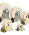 Built Tough Heavy Duty Nylon V Groove Track Wheels Two Pack For Sliding Doors And Mechanical Carts Double Bearing Swivel Design with steel brackets.