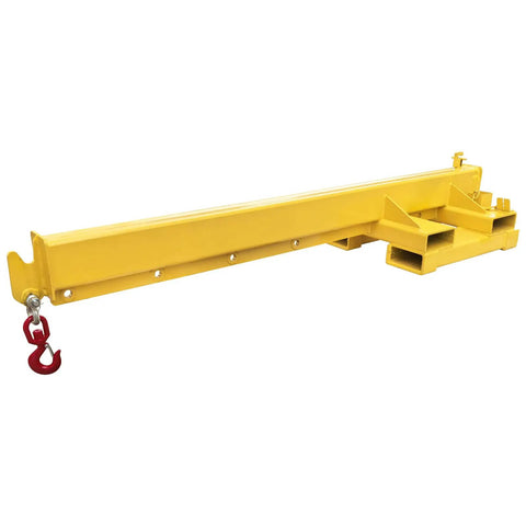 Rock Solid Forklift Jib Boom Crane Attachment With Bidirectional Telescopic Carbon Steel Hoist, bright yellow jib, hook for lifting.