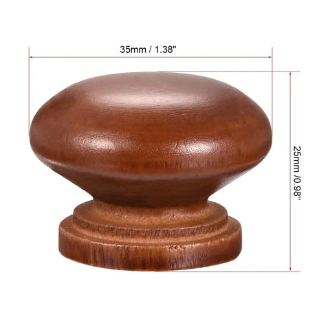 Heavy Duty Round Wood Cabinet Knobs 10 Pack With Matching M4 Screws Matte Brown Drawer Pulls For Modern Kitchen Cupboards Quick Install Vintage Dresser Hardware close-up detail of a matte brown wooden knob measuring 35mm x 25mm