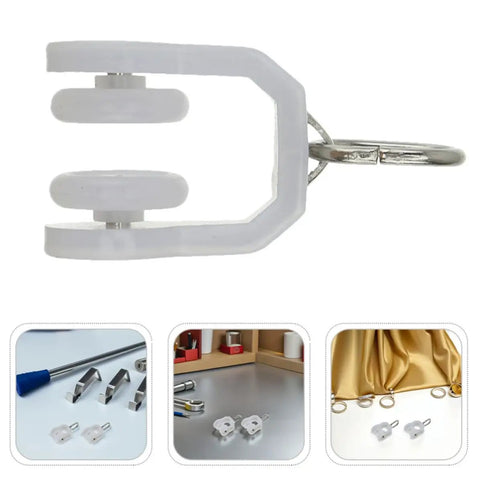 Smooth Operation Curtain Track Pulley Set Featuring Rock Solid Plastic Double Wheel Rollers For Seamless Sliding On Straight Or Curved Tracks. Close-up of a double wheel roller.