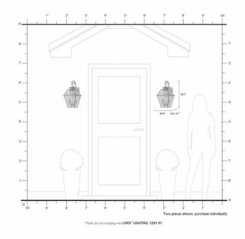Diagram showing placement of Westover 2-Light Outdoor Wall Lantern In Antique Brass on a porch with dimensions and scale.
