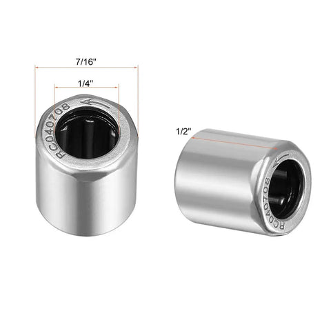 Dead nuts reliable RC040708 One Way Bearing Needle Roller Clutch showing dimensions 1/4 inch bore, 7/16 inch OD, 1/2 inch width.