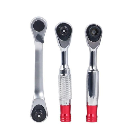 Compact Socket Wrench Set Featuring 72 Tooth Quick Swing Ratchet Built Ridiculously Tough For Crawling Into Cramped Engine Bays Without Any Fuss in chrome with red accents.