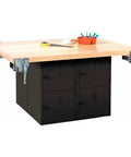 Bad Ass Heavy Duty Shop Workbench Table Featuring Solid Hardwood Top And Rugged Black Steel Frame With Eight Secure Horizontal Lockers Four Bench Vises For Garage Crew side view showing lockers and vises.