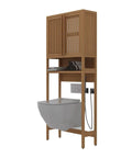 Modern bamboo bathroom storage unit with adjustable shelves and toilet, featuring a clean design and minimalistic look.