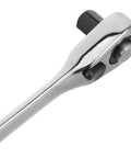 Rock Solid Mini Ratchet Wrench With 1/4 Inch Double Ended Reversible Socket And Knurled Finger Grip close-up view.