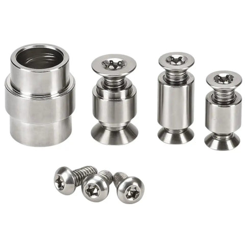 Heavy Duty Titanium Screw Pivot Upgrade Kit With Lanyard Tube Standoff Spacer And Blade Stop Hardware, titanium screws and spacers displayed.
