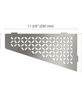 Quadrilateral Corner Shelf For Tiled Walls With Floral Design In Brushed Stainless Steel Finish No Drill Installation With 2mm Anchoring Tabs Perfect For Modern Bathrooms And Showers, dimensions shown.