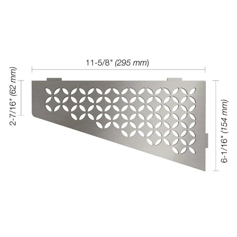 Quadrilateral Corner Shelf For Tiled Walls With Floral Design In Brushed Stainless Steel Finish No Drill Installation With 2mm Anchoring Tabs Perfect For Modern Bathrooms And Showers, dimensions shown.
