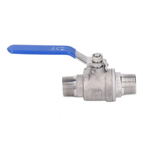 Heavy Duty 304 Stainless Steel 3/4 Inch Ball Valve With Male Thread For Plumbing And Job Sites Featuring PTFE Seals and blue handle.