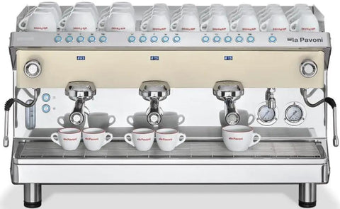 Three Group Espresso Machine With Digital Display Programmable Dosing And Pressure Gauges In White For Busy Cafes Hotels And Restaurants A High Volume Pro Grade Coffee Station front view