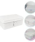 Heavy Duty Vintage White Metal Toolbox Featuring A Tight Snap Shut Locking Latch Tin Storage Case For Everyday Gear And Art Supplies Classic Secure Organizer Trunk in white with snap latch, viewed from the side.