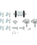 Solid As A Rock Heavy Duty Sliding Door Rollers With Secure Lock For Smooth Silent Gliding On Heavy Residential Doors And Gates Up to 600 Lbs Dual Wheel Track Kit components including rollers and brackets.
