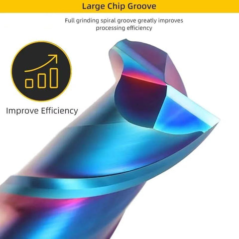 Close-up view of blue iridescent solid carbide 2-flute end mill with cutting edge