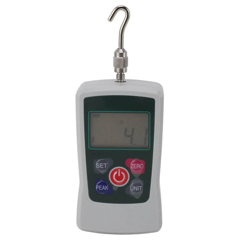 Rugged Mini Digital Force Gauge And Portable Push Pull Tester For Wire And Cable Testing Featuring Integrated Sensor Module With Dead On Readings, displaying 4.1N.