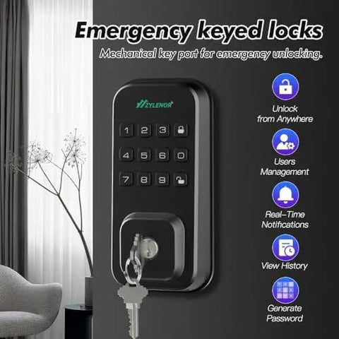 Top Tier Smart Keyless Entry Door Lock With Digital Keypad And Built In WiFi Deadbolt Features voice app control and emergency key port.