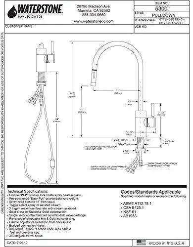 Step Up Your Kitchen Game With This Contemporary Extended Reach Pull Down Faucet Featuring Smooth Toggle Sprayer Controls And ADurable American Bronze Three Piece Suite For Effortless Daily Use technical specifications diagram.