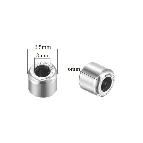 Top Shelf Hf0306 Needle Roller Bearings Two Pack Chrome Steel One Way Clutch Bearing for Heavy Duty Automotive Transmissions showing 3mm bore, 6.5mm outer diameter, and 6mm width.