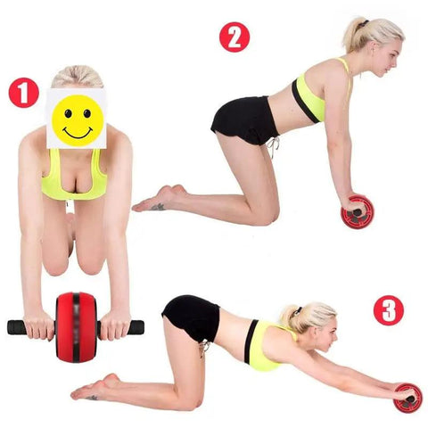 Demonstration of Beast Mode Ab Wheel Roller With Thick Foam Elbow Pads in three exercise stages to build core strength.