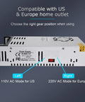 Back view of Beefy 12V 50A 600W DC Power Supply Converter showing 110V and 220V AC mode switch with labels for compatibility.