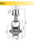 Gator Tough 304 Stainless Steel Universal Groove Wheel with spring design, dimensions labeled, suitable for gate rolling.