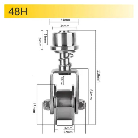 Gator Tough 304 Stainless Steel Universal Groove Wheel with spring design, dimensions labeled, suitable for gate rolling.