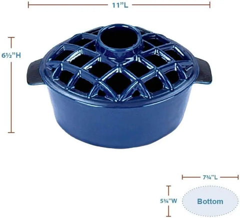Heckin Cozy 2.2 Quart Enamel Woodstove Steamer With Decorative Lattice Top Cast Iron Humidifier dimensions showing blue enamel finish.