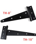 Built Like A Tank Heavy Duty T Hinge For Garden Gates And Fence Repair With All Weather Durability Fits 8 Inch Wood Doors Smoothly, showing TH-8 and TH-10 sizes.
