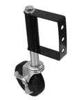 Heavy Duty Spring Loaded Gate Caster Wheels With Kickass Shock Absorbing Design And Height Adjustable Track For Super Slick Low Noise Outdoor Fence Rolling Setup, showing a close-up of the black wheel and steel mount.