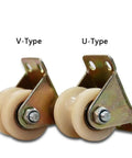 Two Pack Tough As Nails Nylon Track Wheels For Smooth Sliding Door Rollers And Heavy Duty Guide Pulleys With Double Bearings Rock Solid Build For Mechanical Carts And V Type Railing Systems 50Mm 2Inch - V-Type and U-Type nylon wheels with metal brackets.