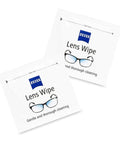 Zeiss Lens Wipe sachets, 120-pack; two white packets with blue ZEISS logo and glasses image