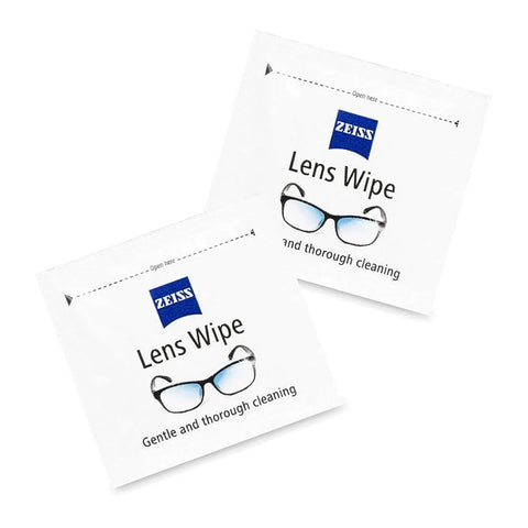 Zeiss Lens Wipe sachets, 120-pack; two white packets with blue ZEISS logo and glasses image