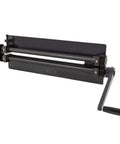 Hand Crank Sheet Metal Bead Roller Machine with six die sets and adjustable roller pressure, black color, side view.