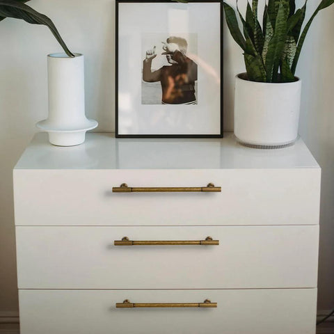 Dresser with vintage antique brass zinc alloy cabinet handles with striped detailing, 128mm center-to-center, corrosion-resistant hardware