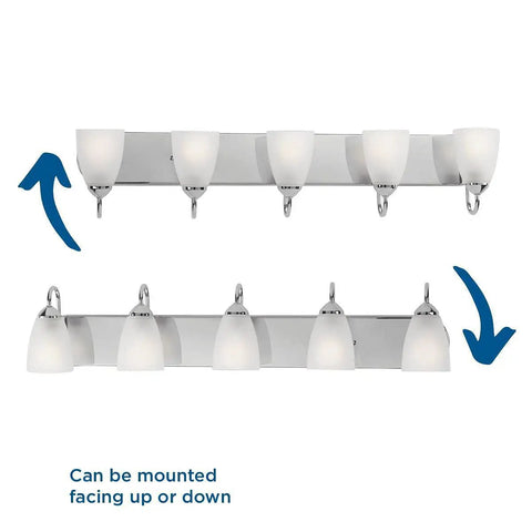 Gather Collection Five Light Bath And Vanity Light Fixture shown mounted facing up and down with etched glass shades