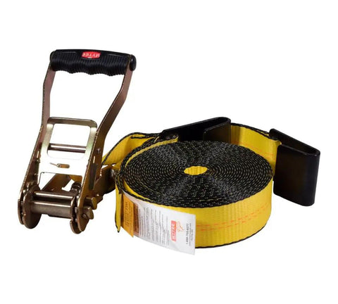 Heavy Duty 10 Pack 2 Inch By 30 Foot Ratchet Tie Down Straps With Flat Hooks Yellow, 10,000 Lbs Break Strength coiled view