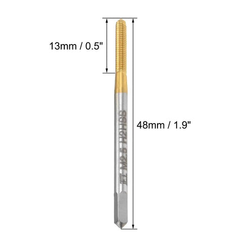 Top Shelf M2.5 Metric Spiral Machine Screw Tap With 0.45 Pitch And Titanium Coating, 13mm cut, 48mm body, high speed steel