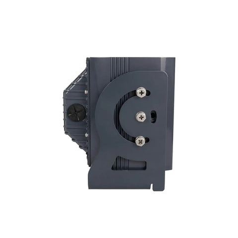Rugged 50 Watt LED Flood Light With Hella Wide 90 Degree Beam side view showing stainless steel trunnion connector.