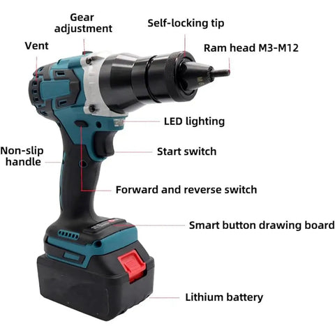 Heavy Duty Beef Twenty Six Volt Cordless Electric Riveter Gun features LED light, self-locking tip, and lithium battery for easy fastening.