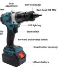 Hella Strong Cordless Rivet Nut Gun With 26V Lithium Battery Pack and features like self-locking tip and LED lighting.