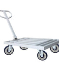 Platform cart on four wheels, showcasing where Four Pack 5 Inch Shopping Cart Replacement Wheels With Threaded Stem Casters would fit.
