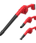 M18 Battery Compatible Cordless Leaf Blower With 320 CFM Airflow And 180 MPH Wind shown in three angles, battery slot visible