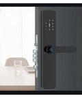 Keyless Entry Smart Lock With Slick Touchscreen Handle And Fingerprint Door Lock Electronic Deadbolt For Front Doors, black finish on door.