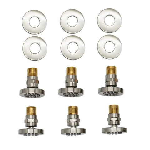 Components of Six Pack Round Brass Shower Body Spray Jets With Brushed Nickel Finish For Spa Like Massage Showerhead Kit