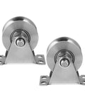Stainless Steel Sliding Door Pulleys With Double Bearing And Heavy Duty Triangular Bracket Window Rollers Built Tough For Real Smooth Operation On Any Home Setup, compact pulley design with silver coated bearings.