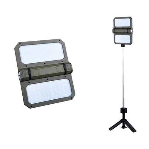 Portable Telescopic Camping Light With Adjustable Stand And Built In Power Supply, extended on stand, light array visible.