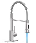 LED Light Kitchen Faucet With Pull Down Sprayer Dope Style Sus304 Stainless Steel Industrial Single Handle Brushed Nickel Finish