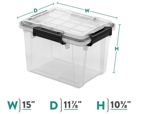 3 Pack 19 Quart Waterproof Storage Bins IP68 Clear Plastic Totes With Gasket Sealed Lids dimensions 15x11.875x10.625 inches.