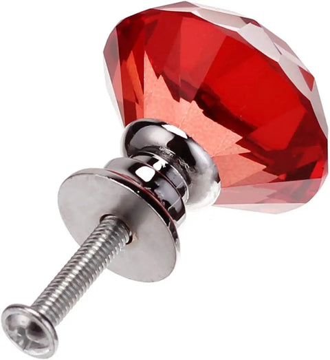 Showstopping Sparkling Diamond Shaped Crystal Glass Cabinet Knobs and 30mm Drawer Pulls with Red Accent Alloy Chrome Hardware to Slap Your Kitchen or Dresser Look Game Strong All Day - close-up of red crystal knob with chrome base